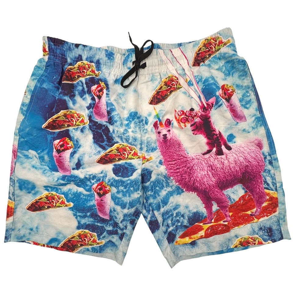 Men's 2XL Blue Pink Novelty Taco‎ Llama Pizza Laser Cat Board Shorts Swim Trunks